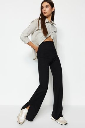 Siyah Yanları Yırtmaçlı Flare/İspanyol Paça Yüksek Bel Örme Pantolon TWOSS23PL00134