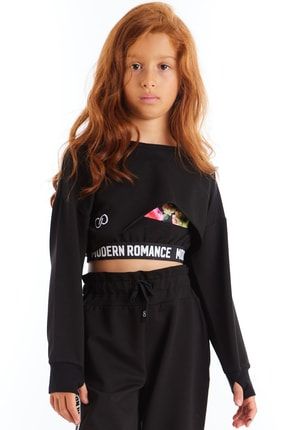 Nakış Işlemeli Crop Uzun Kol Kız Çocuk Penye Sweatshirt