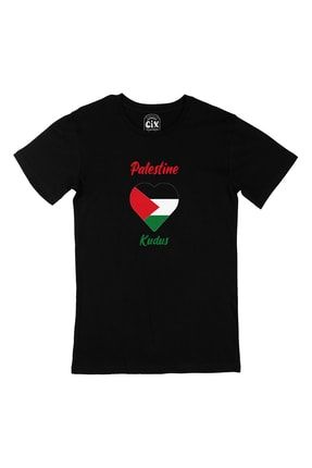 Kudüs Filistin Bayraklı Kalpli Siyah Tişört
