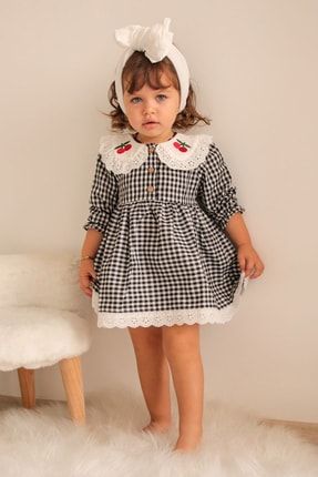 Kız Bebek Siyah Beyaz Pötikareli Kiraz Detaylı Yakası Fırfırlı Elbise