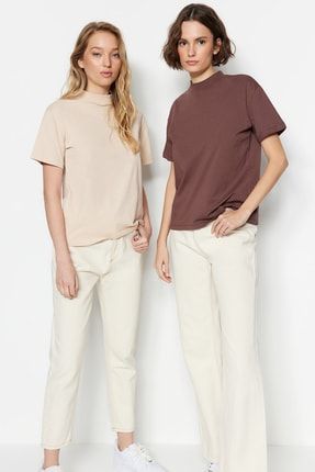 TRENDYOLM LLA Kahverengi Bej 2 li Paket 100 Pamuk Basic Dik Yaka Orme T Shirt TWOSS20TS1500 Fiyat Yorumlar Trendyolmilla