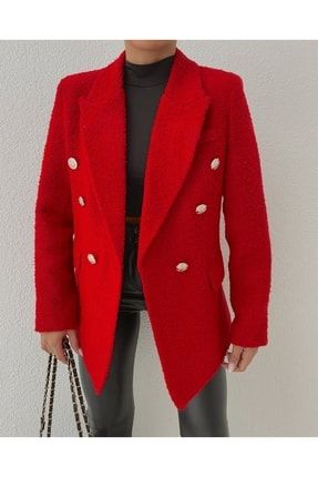 Kadın Kruvaze Yaka Düğme Detaylı Business Tuvit Kumaş Astarlı Şık Blazer Ceket