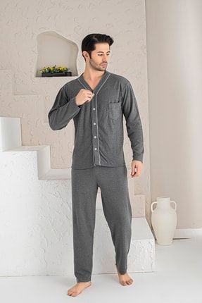 Erkek Füme Melanj Uzun Kollu Önden Düğmeli Süprem Kumaş Örme Pijama Takımı