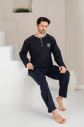Erkek Lacivert M Armalı Uzun Kollu Süprem Kumaş Örme Pijama Takımı