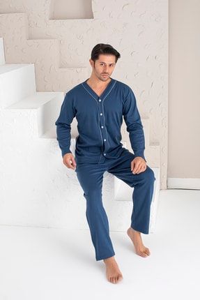 Erkek Mavi Önden Düğmeli Uzun Kollu Penye Kumaş Örme Pijama Takımı