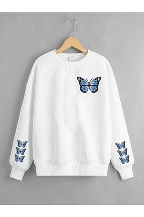 Beyaz Mavi Kelebek Butterfly Baskılı Kız Sweatshirt