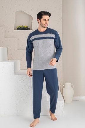 Erkek Mavi Parçalı Uzun Kollu Penye Kumaş Mevsimlik Pijama Takımı
