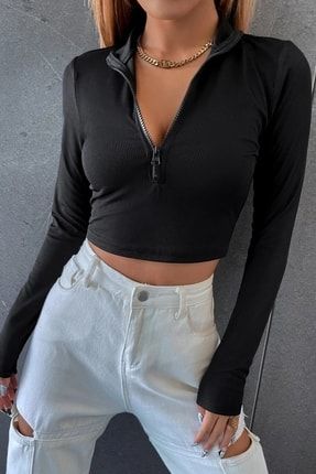 Kadın Siyah Kaşkorse Kumaş Fermuarlı Dik Yaka Crop Bluz