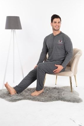 Kışlık Erkek Interlok Yaka Düğmeli Uzun Kollu Çizgili Antrasit Penye Pijama Takımı