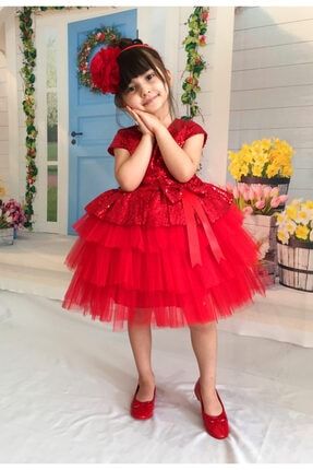 Kız Çocuk Kırmızı Tüllü Abiye Elbise
