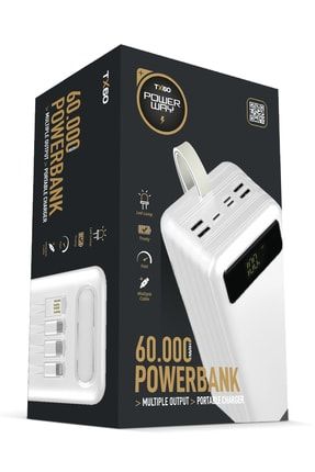 60.000 Mah Kablolu Dijital Göstergeli Gerçek 60.000 Mah Garantili Işıklı Kamp Tx60 Beyaz Powerbank