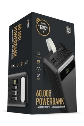60.000 Mah Kablolu Dijital Göstergeli Gerçek 60.000 Mah Garantili Işıklı Kamp Tx60 Siyah Powerbank