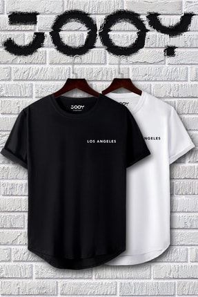 Siyah Beyaz Los Angeles Baskılı Slim Fit Tshirt Ikili Set