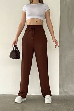 Kadın Kahverengi Beli Lastikli Cepli Bol Paça Mevsimlik Pantolon