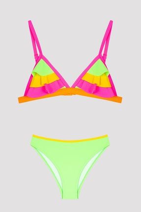 Çok Renkli Kız Çocuk Colorful Frill Triangle Bikini Set PLTOTN6V22IY-MIX