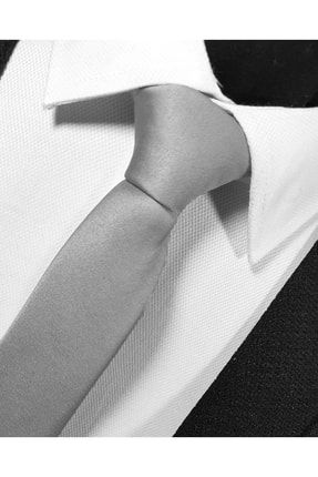 Ekstra Ince Gümüş Gri Renk Düz Slim Fit 4 Cm Genişliğinde Kravat Mendil Seti Slim Fit Dar