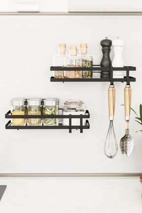 Mutfak Rafı 2'li Set Yapışkanlı Lüks Modern Siyah Metal Baharatlık Rafı Organizer Düzenleyici