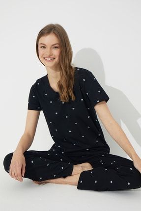 Siyah Kısa Kollu Pamuklu Pijama Takımı