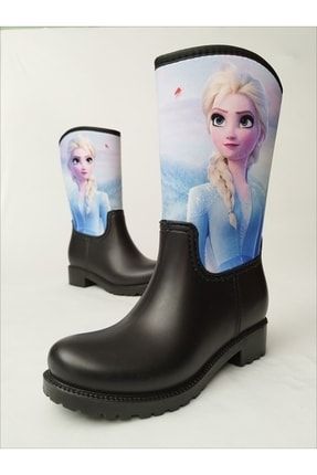 Elsa Frozen Baskılı Siyah Su Geçirmeyen Kız Çocuk Yağmur Çizmesi