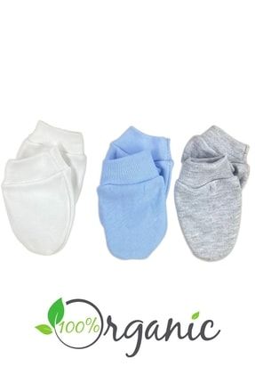 Erkek Bebek Yenidoğan Penye Organik Pamuklu Bebek Eldiveni 3lü Set - Mavi