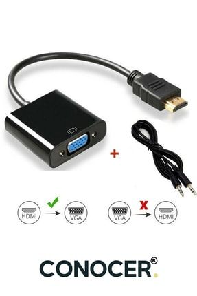 Hdmi To Vga Çevirici Kablosu Hdmı Dönüştürücü Kablo (MİCRO USB GÜÇ VE AUX KABLOLU) Siyah