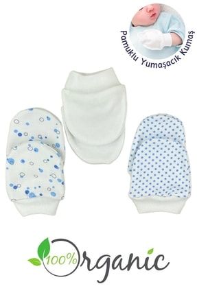 Yeni Doğan Pamuklu Bebek Eldiveni 3lü Set - Mavi