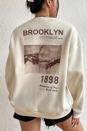Unisex Bej Brooklyn 1898 Baskılı Bisiklet Yaka Oversize Sweatshirt