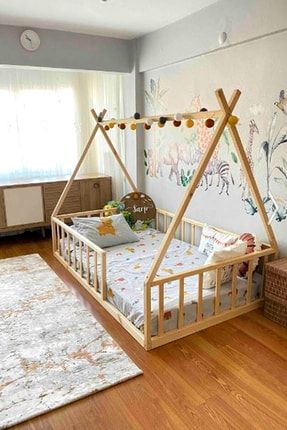 – Montessori Bebek Ve Çocuk Karyolası Unisex Doğal Ahşap Yatak