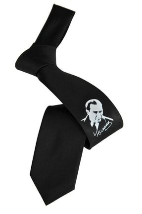 Atatürk Baskılı Siyah Saten Kravat