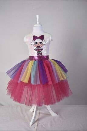 Kız Çocuk Fuşya Pul İşlemeli Tütülü Elbise LOLFUŞYA78