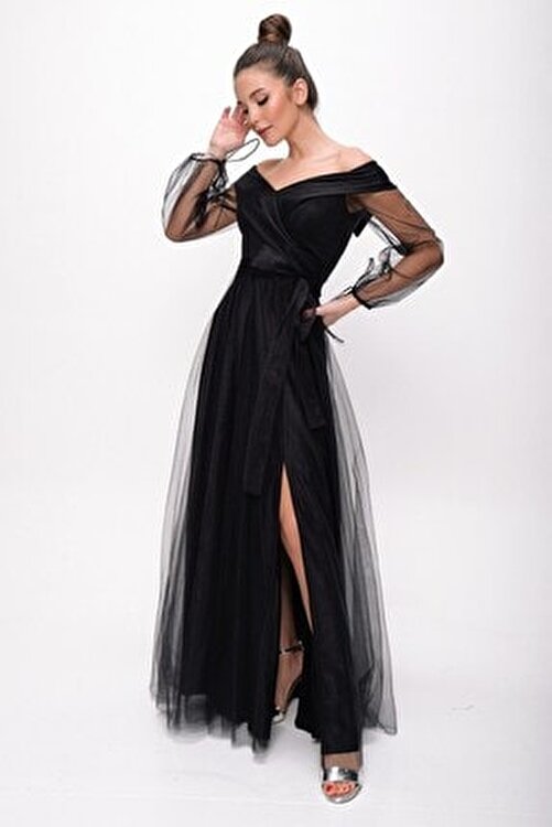 Ons Göm yar  By Saygı Kadın Siyah Bağcıklı Balon Kol Tül Uzun Abiye Elbise Fiyatı,  Yorumları - TRENDYOL