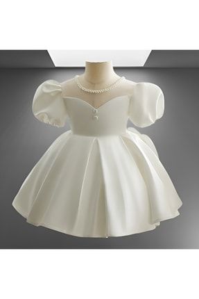 Beyaz Saten İnci Detaylı Balon Kol Özel Tasarım Elbise