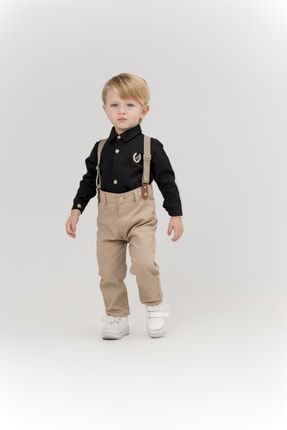 Erkek Çocuk Oxford Siyah Gömlekli Papyonlu Bej Pantolonu Takım