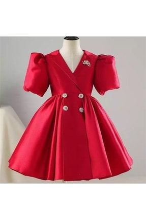 Kız Çocuk Kırmızı Düğme Detaylı Tasarım Elbise