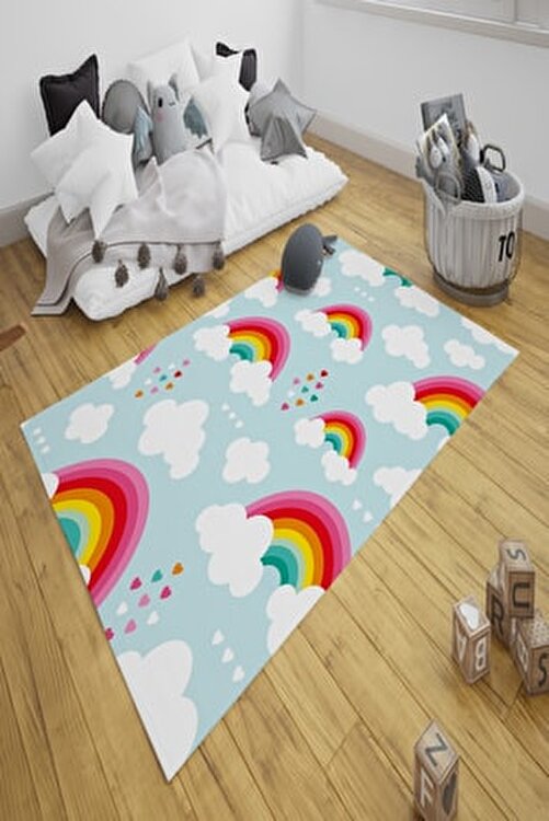 hazar hali hazar dijital baskili mavi zemin bulutlar ve minik gokkusagi desenli cocuk halisi fiyati yorumlari trendyol