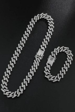 UBUH SHOP Silver Prong Cuban Chain Full Ta l Unisex Bileklik