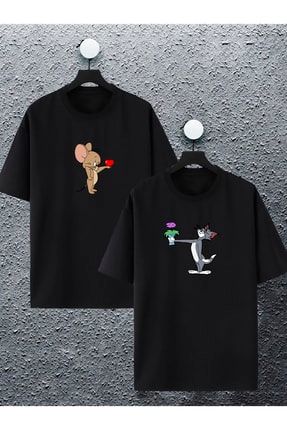 Unisex Çiçekli Tom Ve Jerry Baskılı Sevgili Çift Kombini Tasarım Oversize Tshirt 2li