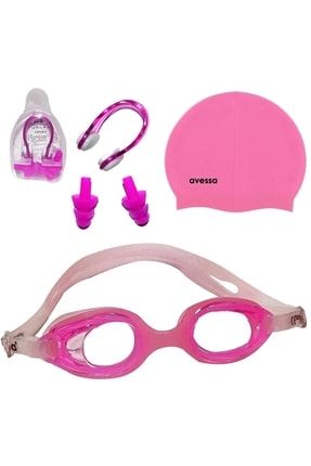 3'lü Çocuk Gözlüğü Havuz Seti Yüzücü Deniz Gözlüğü Havuz Gözlüğü + Bone + Kulak Burun Tıkacı Pembe
