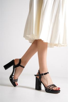Siyah Kadın Üç Şerit Platform Topuklu Sandalet Ayakkabı Rm0430