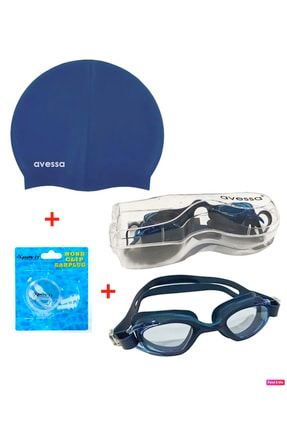 3'lü Yetişkin Unisex Havuz Seti Yüzücü Deniz Gözlüğü Havuz Gözlüğü + Bone + Kulak Burun Tıkacı Mavi