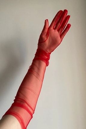 Kırmızı Gelin Eldiveni Uzun Tül Eldiven Kostüm Eldiveni