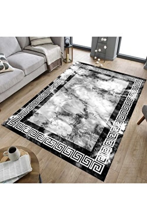 sermod siyah mermer desenli cerceveli modern kaymaz sungerli hali ortusu fiyati yorumlari trendyol