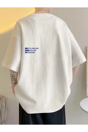 Unisex Beyaz Oversiz Still Follow Freedom Baskılı Örme T-shirt