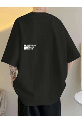 Unisex Siyah Oversiz Still Follow Freedom Baskılı Örme T-shirt