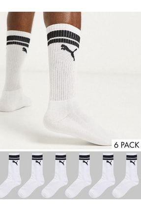 6 Çift Unisex Beyaz Heritage Stripe Antrenman Spor Tenis Futbol Basketbol Koşu Çorap Seti