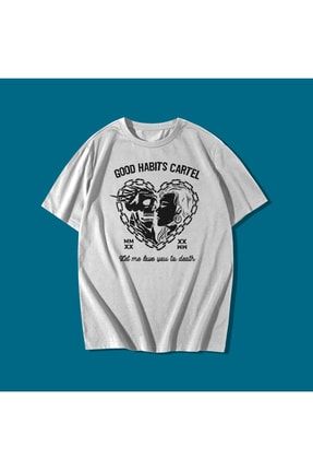 rebelberi Good Habits Cartel Yaz l Y2k Grunge Stil Oversize Unisex Beyaz T shirt Ti ort Tee