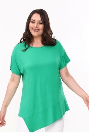 Kadın Büyük Beden Asimetrik Kesim Salaş Yeşil Bluz 21021