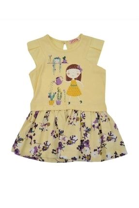 Kız Bebek Çocuk %100 Pamuk Cotton Sarı Renk Çicekli Elbise