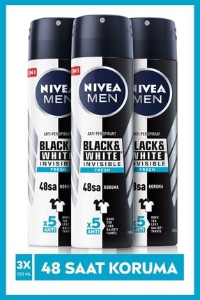 MEN Erkek Sprey Deodorant Black&White Invisible Original 150 mlX3adet,48 Saat Anti-Perspirant Koruma