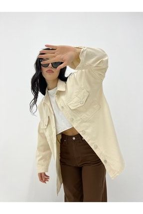 Kadın Krem Oversize Fit Gabardin Gömlek Ceket Iıı Ekru Tunik